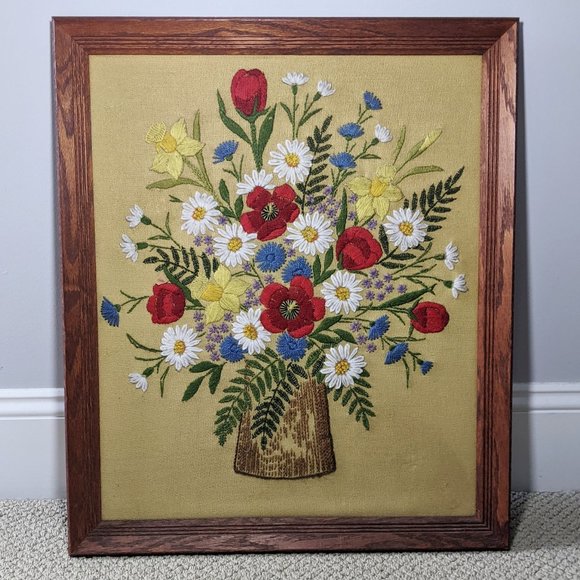 Vintage Other - Floral Bouquet Vintage Crewel Large Wall Artwork